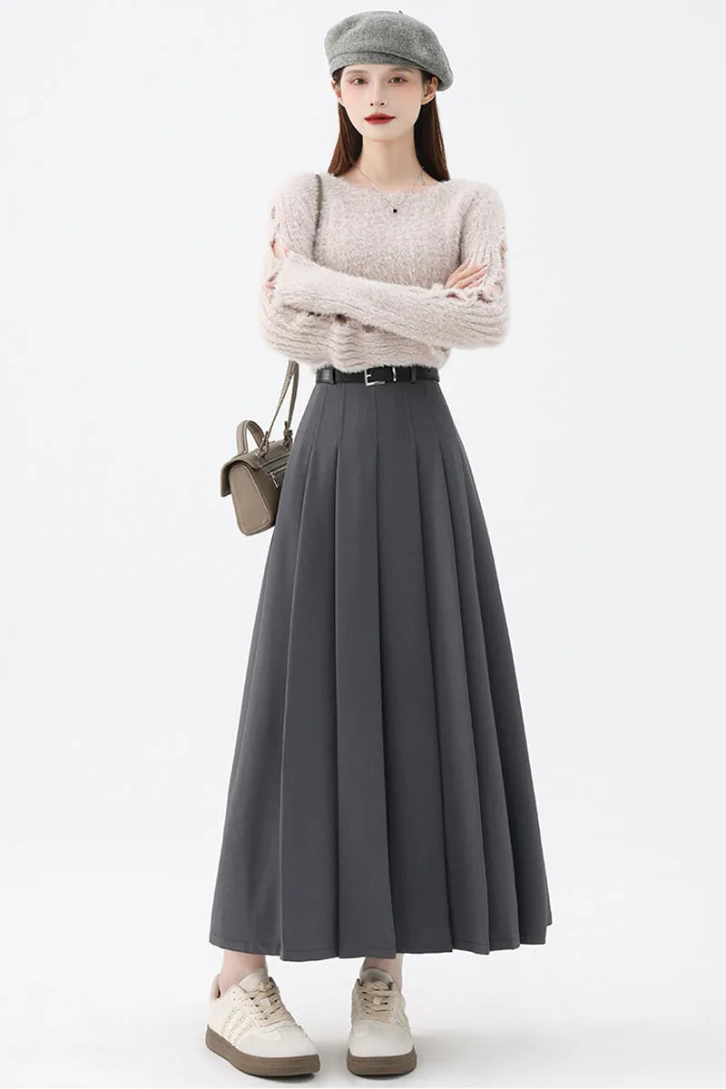 2026 New Women's Pleated Maxi Skirts Autumn High Waisted Zipper Jk Long Skirt Woman Elegant Loose Design Big Swing A-Line Skirts