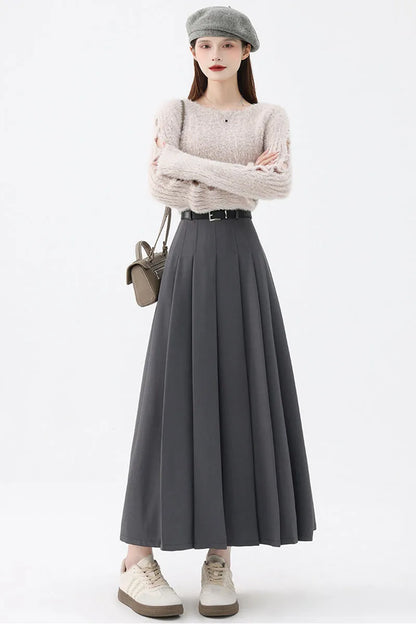 2026 New Women's Pleated Maxi Skirts Autumn High Waisted Zipper Jk Long Skirt Woman Elegant Loose Design Big Swing A-Line Skirts