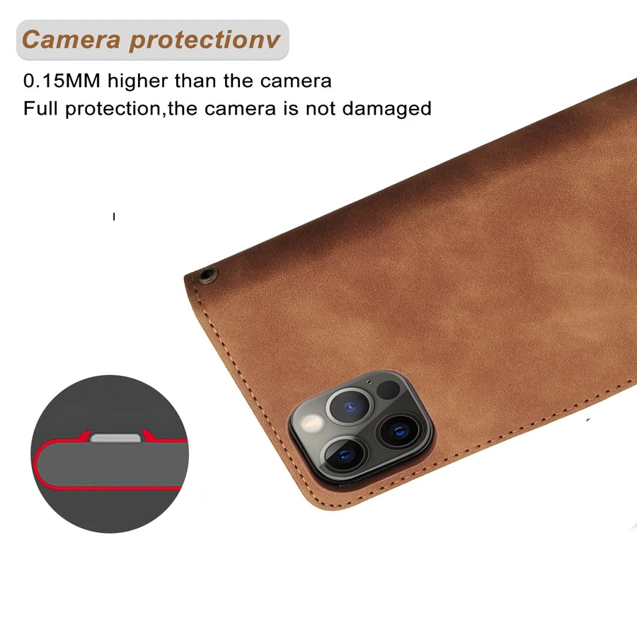 ZZXX Wallet Card Slot Holder Magnetic Flip Leather Case For iPhone 15 Pro Max 14 Plus 13 Mini 12 11 X XS XR SE 2022 8 7 6s Cover