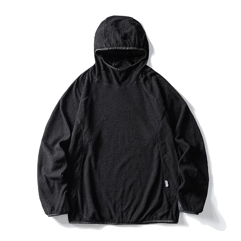 Unisex Lightweight Cloud Velvet Hooded Quick-Dry Shirt for Outdoor Sports: Classic Hood, Elastic Cuffs & Brand Logo Details