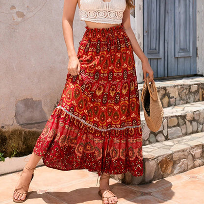 Women's Casual Temperament Skirt Women's Fashionable Bohemian Printed Elastic Waist Temperament Skirt Big Sway Temperament Skirt