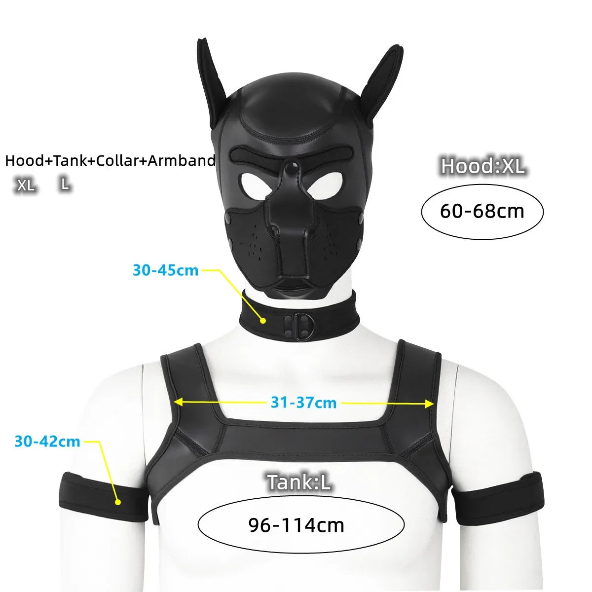 XL Large Size Puppy Cosplay Neoprene Fetish Hood Mask Kit with Chest Strap Collar Armband Sex Costumes for Bdsm Slave Role Play