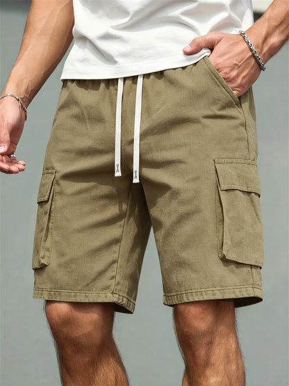 2026 Men's loose linen straight-leg pants, casual multi-pocket work shorts, high-end men's shorts, drawstring daily work shorts