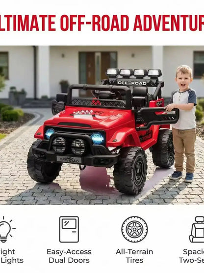HAUSPROFI 12V Off-Road Ride-On Electric Car Toys for 3+ Years,With LED Lights,Remote Control,Seat Belt ,Bluetooth, 3-Speeds, Suspension
