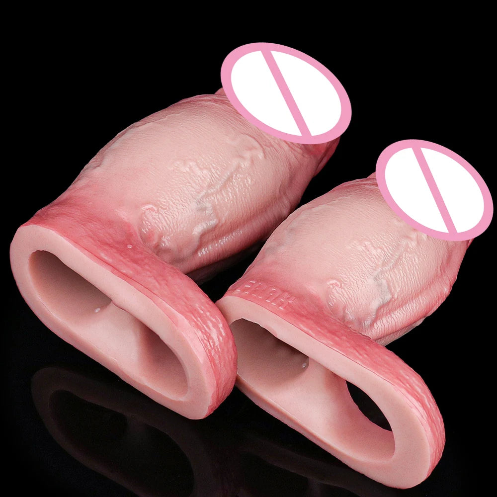 FAAK Silicone Penis Sleeve Ring Realistic Hollow Dildo Size S M Dildo Sheath Delay Ejaculating Cock Enlarger Sex Toys For Men
