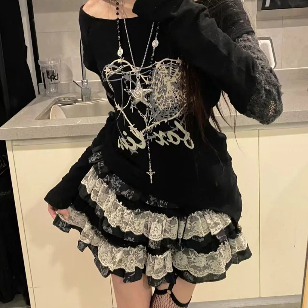 Y2K Punk Gothic Lace Tiered Skirt Women High Waist Ruffle Mini Skirt Harajuku Streetwear Alternative Fashion Short Skirt