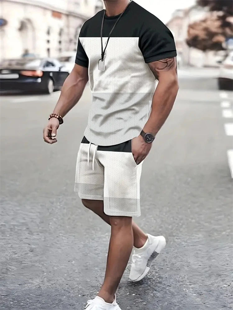 Summer Men's Stripe Print Short Sleeve Tee Elastic waist Shorts 2 Pieces Set Plus Size Loose O-Neck T-shirt Pockets Shorts Set