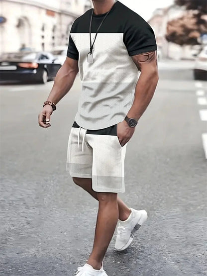 Summer Men's Stripe Print Short Sleeve Tee Elastic waist Shorts 2 Pieces Set Plus Size Loose O-Neck T-shirt Pockets Shorts Set