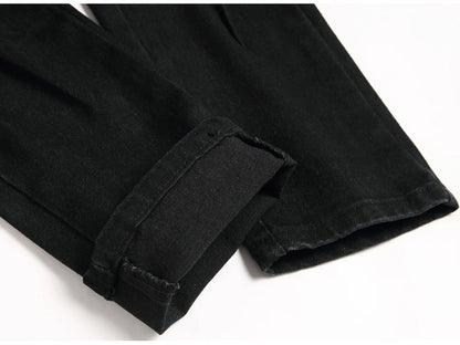 Men Snake Embroidery Jeans Streetwear Black Stretch Denim Pants Holes Ripped Distressed Slim Straight Trousers