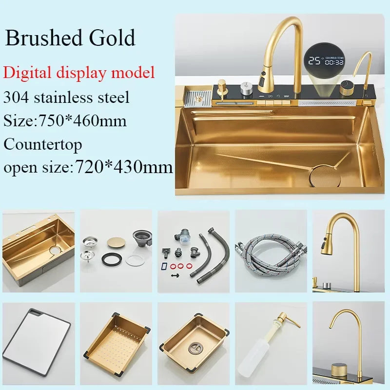 Stainless Steel Waterfall Kitchen Sink Large Single Slot Integrated Digital Display Faucet Set Soap Dispenser Cup Washer