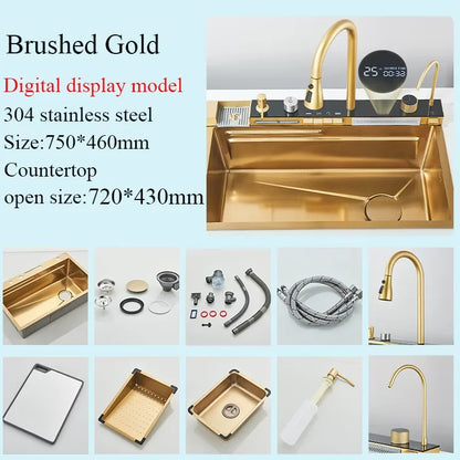 Stainless Steel Waterfall Kitchen Sink Large Single Slot Integrated Digital Display Faucet Set Soap Dispenser Cup Washer