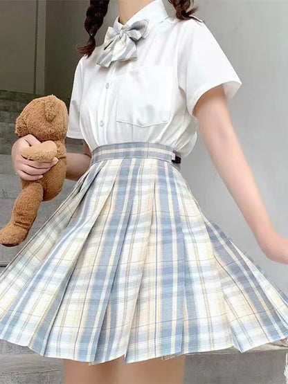 JMPRS Plaid Women Pleated Skirt Bow Knot Summer High Waist Preppy Girls Dance Mini Skirt Cute A Line Harajuku Sexy Japan Faldas