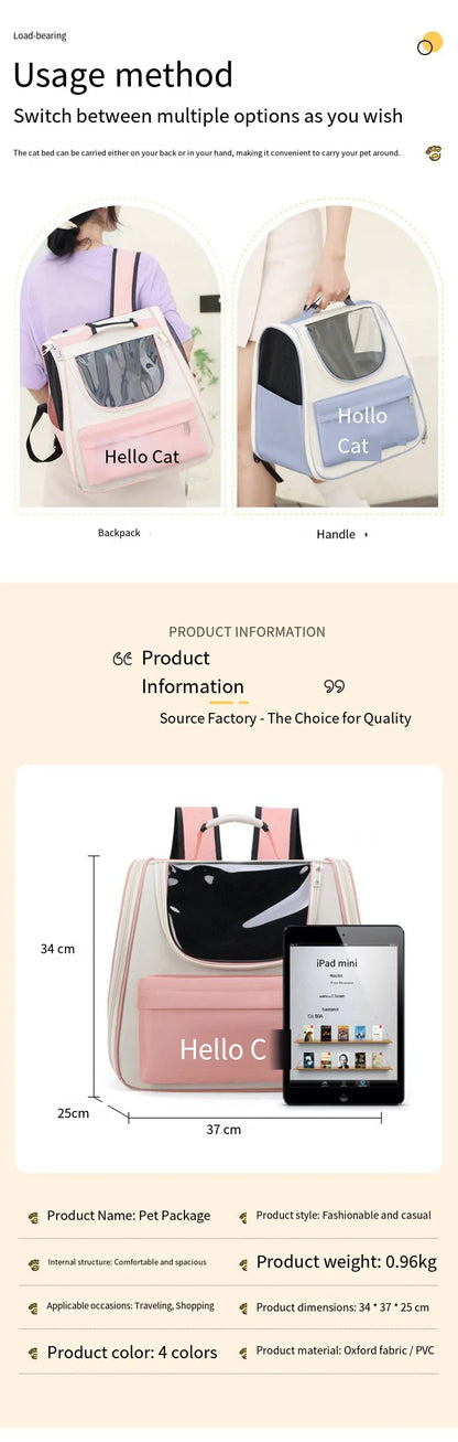 Backpack for Cats and Dogs, Portable Pet Bag for Outdoor Use, Large Capacity Space Cabin, Carrying Cat and Dog Box, Outdoor Bag