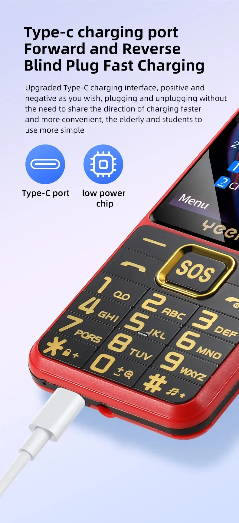 YEEMI K3 4G Feature Keypad Phone 2.6 Inch Dual SlM Big Button Loud Volume for Elderly 2500mAh FM Radio Hebrew Keyboard SOS Video