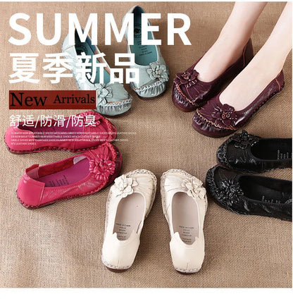 Vintage Flower Moccasins Woman Genuine Leather Ballet Flats Ladies Hollow Slip Ons Women's Luxury Loafer Purple Walking Shoes 42