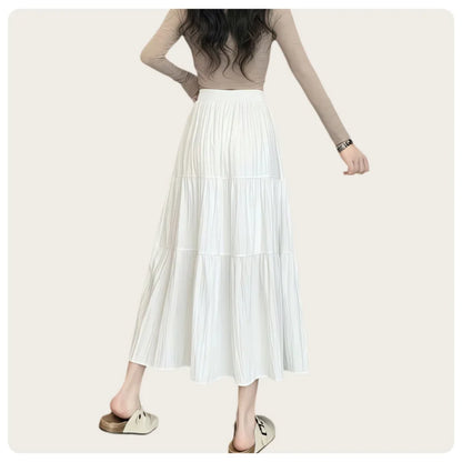 Korean Casual Style Women's Spring and Summer High-Waisted Elastic Band Lined White Layered Midi Skirt
