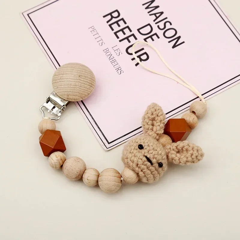 Cartoon Bunny Pacifier Chain Clip Wood Crochet Bear Teething Chain Baby Teether Soother Holder Newborn Chew Toys Pacifier Clips