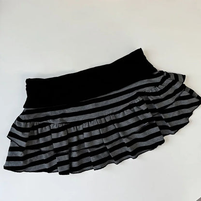 2026 Summer New Women's Wear  Y2K Grunge Black and Grey Striped Ruffle Mini Skirt  High Waist Elastic Waist Tight A-line Skirt