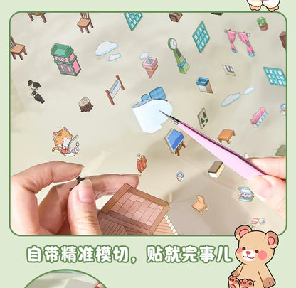 20 Sheets/pack Cute Style Stacked Miniature Scene 3D Cabin Quiet Book Sticker Book Foggy Town Series
