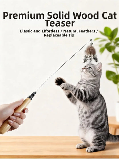 Wooden Handle Spring Teasing Cat Stick Feather Simulation Fishing Rod Cat Teaser Stick Interactive Replaceable Bell Squeaky Cat