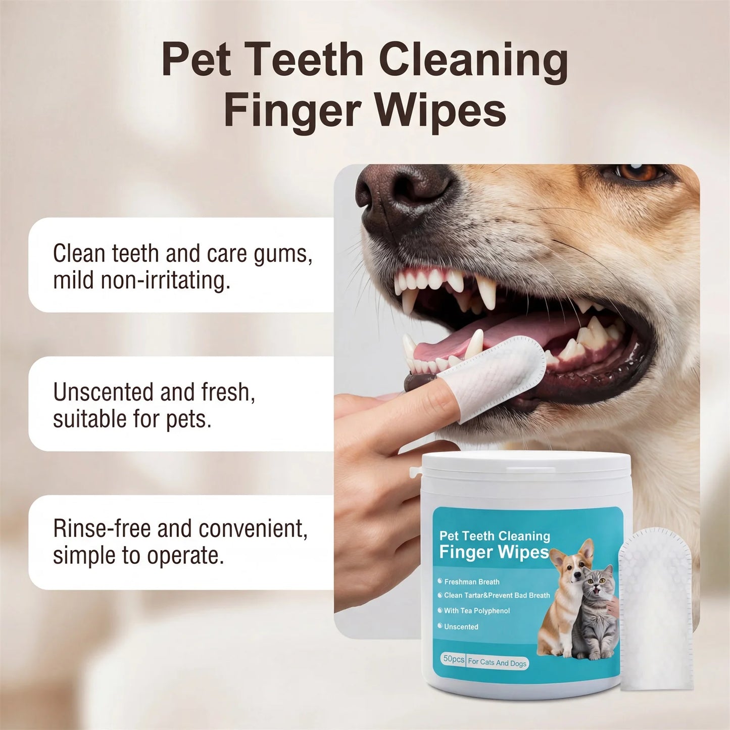 Pet Dental Finger Wipes for Dogs Cats Remove Plaque Tartar Stains Whitening Fresh Breath Disposable Toothbrushing Wipes 50PCS