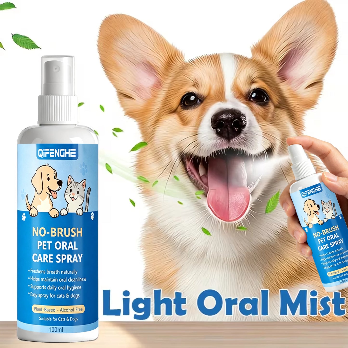 No-Brush Pet Oral Care Spray for Cats & Dogs - Natural Breath Freshener, Alcohol-Free Plant-Based Dental Cleaning Spray for Pet