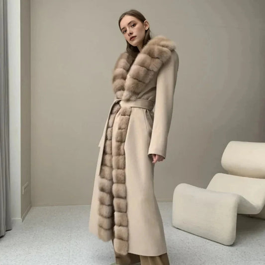 CNEGOVIK Natural Fox Fur Winter Cashmere Wool Coat Women Fur Coat Women Luxury Real Fur Warm Winter Jackets Cashmere Fur Jacket