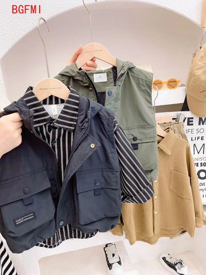 Children's Zipper Vest Spring Autumn Korean New Big Pocket Vestcost Boys Versatile Windproof Hooded Sleeveless Inner Lining Coat