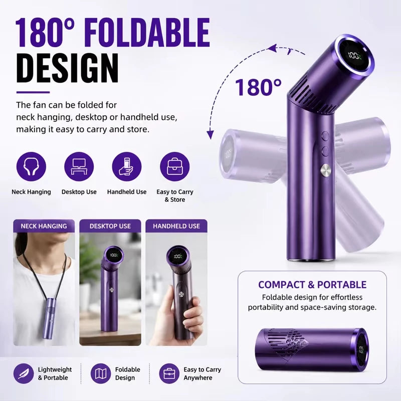 Lenovo Portable Foldable Handheld Fan Brushless Motor USB Rechargeable Mini Fan 199-Speed Settings with LED Display Small Fan