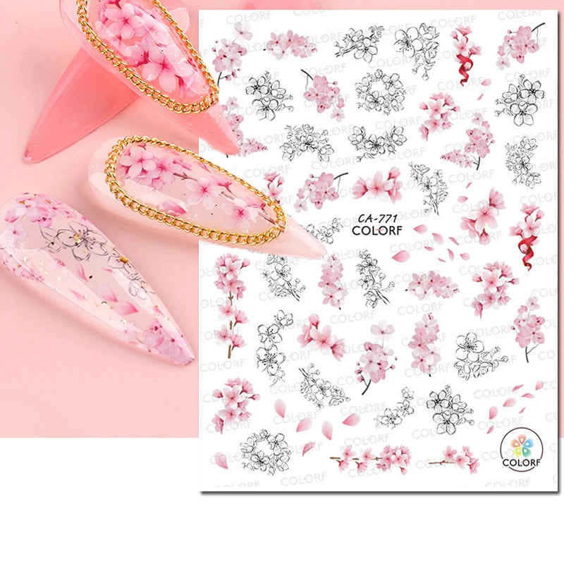 3d Nail Art Decals Watercolor Florals Purple Green Pink Flowers Leafs Fruit Adhesive Sliders Nail Stickers For Manicure