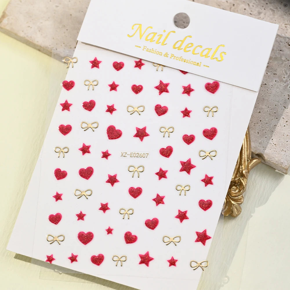 3D Valentine's Day Love Heart Nail Art Sticker Red White Cross Stars Self-Adhesive Nail Decals 8*10cm Kawaii Heart Nail Sticker