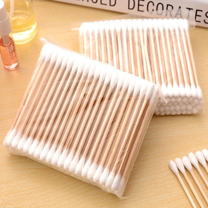 100PCS Double Head Wood Cotton Swab Nose Ears Cleaning Women Makeup Tools Lipstik Cotton Buds Tip Sticks Bastoncillos Oidos