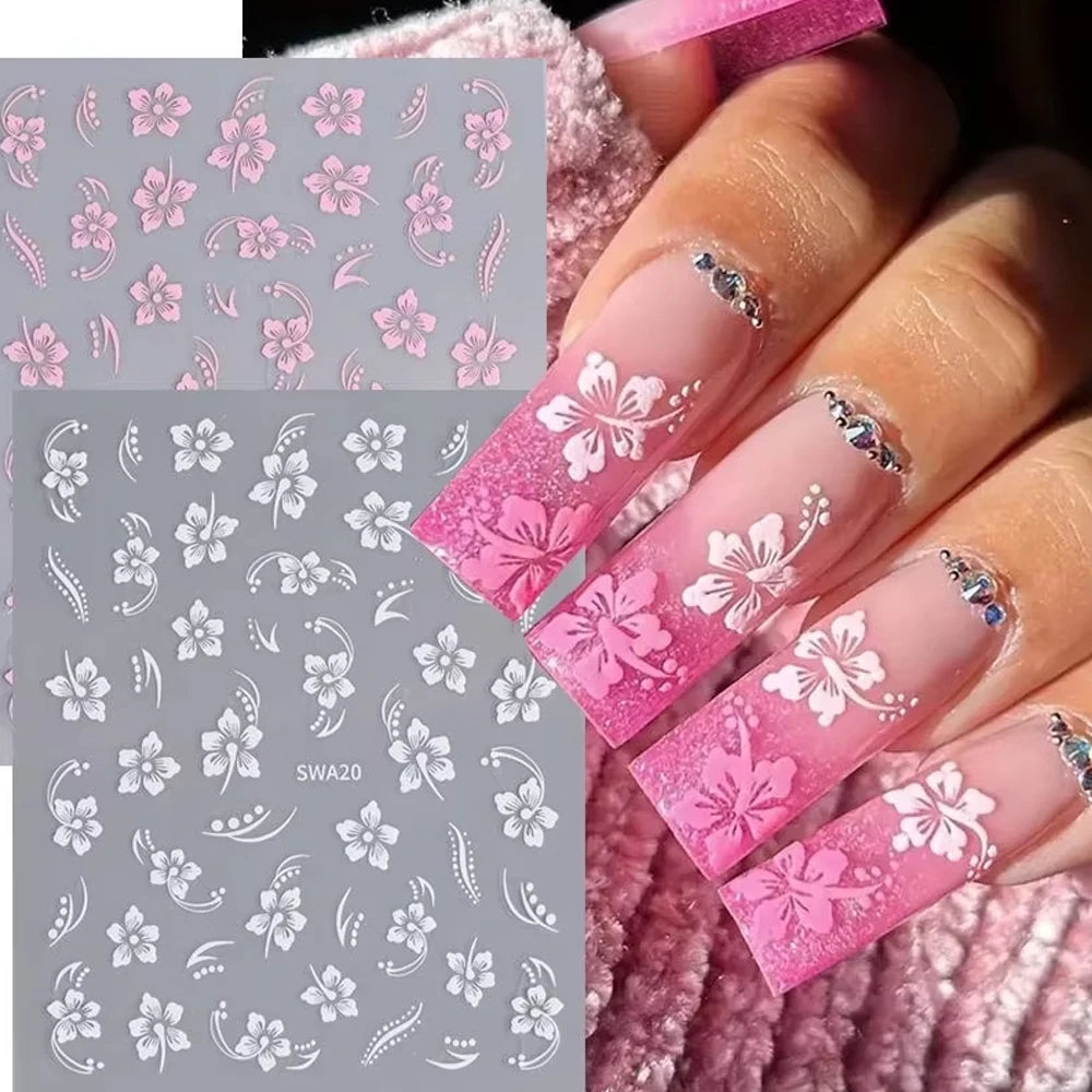 5D Hibiscus Flower Nail Embossed Sticker Lace Flower White Pink Petal Floral Self Adhesive Nail Art Slider DIY Elegant Romantic