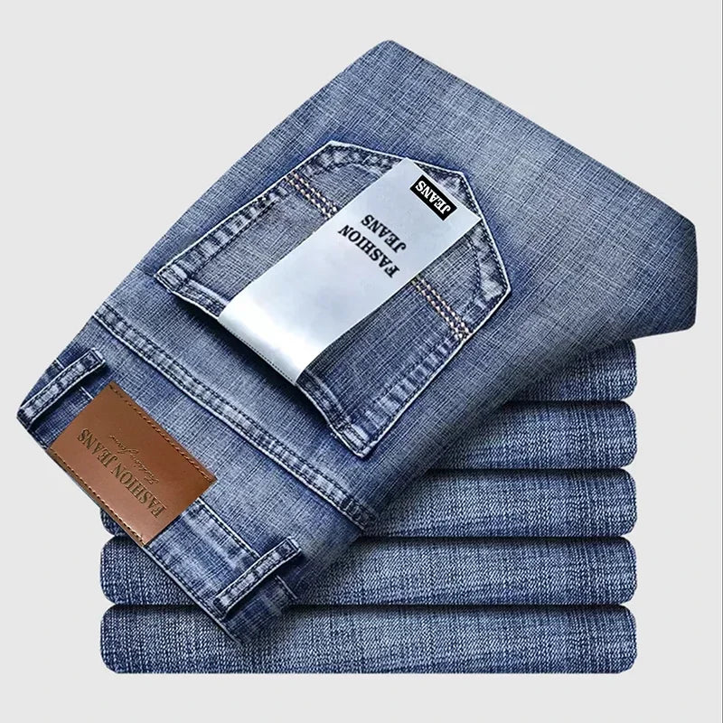 2026 Brand Slim Washed Jeans Casual Straight Stretch Fashion Classic Blue Black Work Denim Trousers Male Brand Clothing