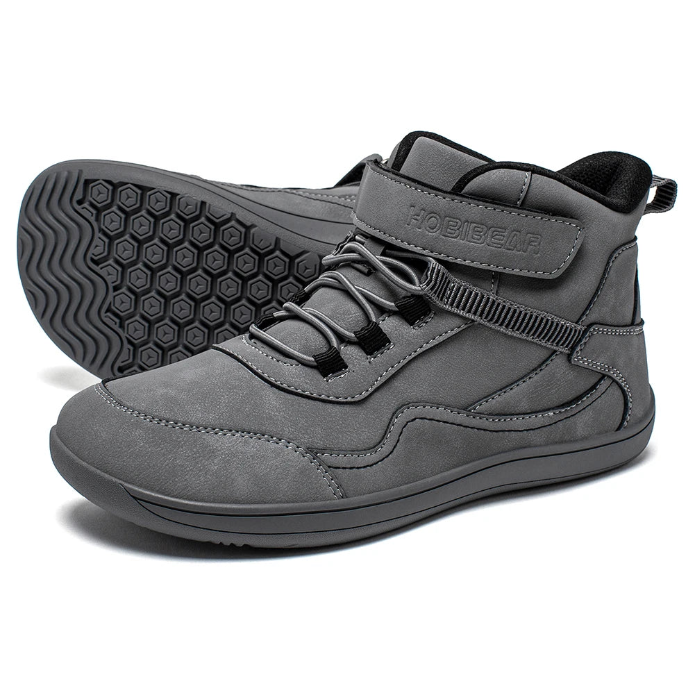 HOBIBEAR Kids Mid-Barefoot Shoes Big/Kid Wide Toe Box Zero Drop Artificial Leather Hook-Loop Outdoor Boots
