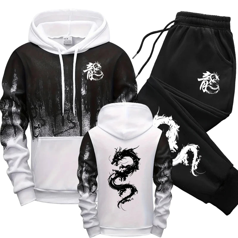Chinese Dragon Tracksuit Hooded Sweatshirt Sweatpants City Vibe Hoodie 2 Piece Set Autumn Winter Men's Daily Casual Sport Outfit
