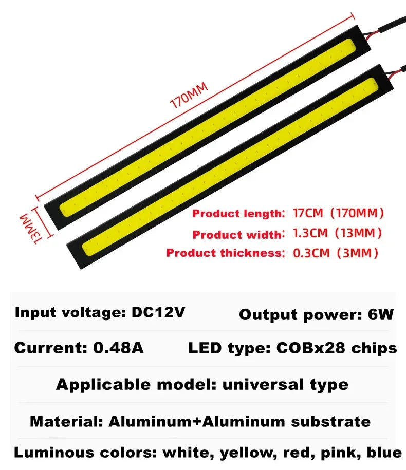 LED COB daytime running lights 17cm waterproof car lighting car interior design 12V 6500K high brightness strip lights