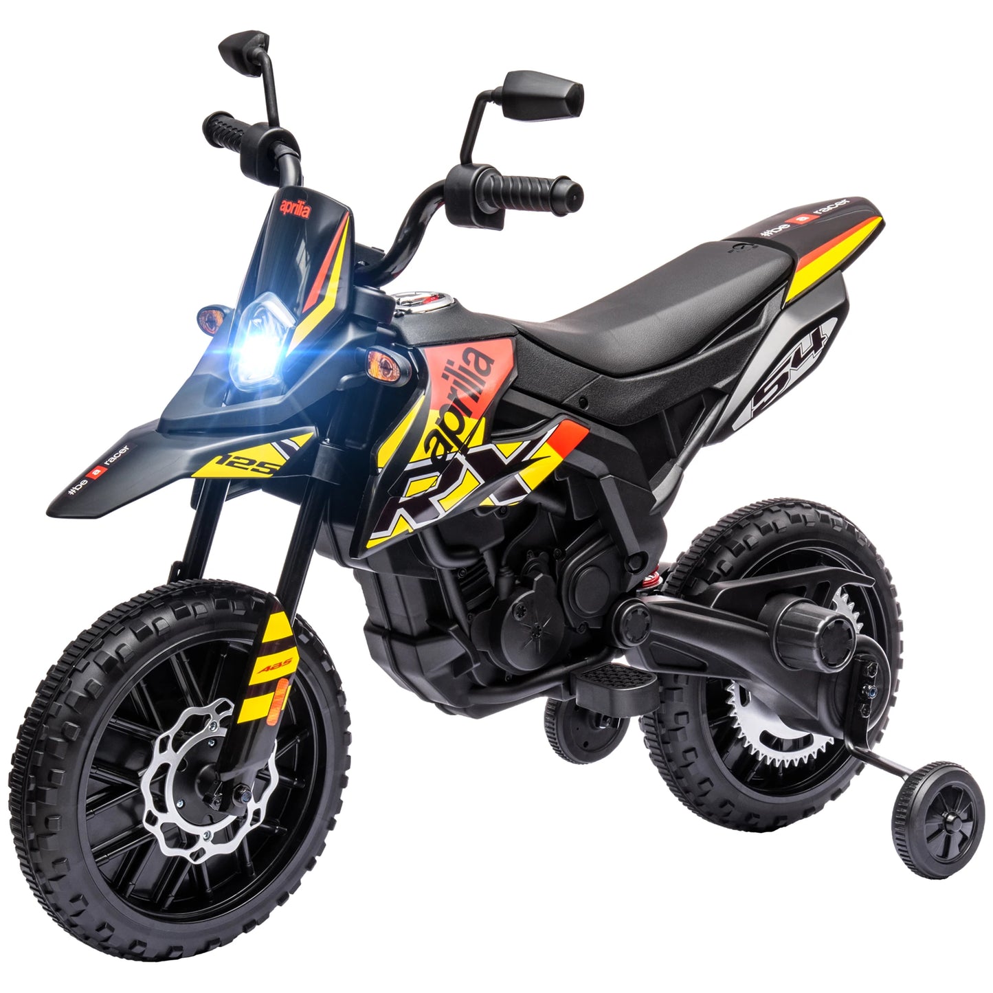 12V children's motorbike with training wheels, LED light, music, USB, electric motorcycle, yellow, toy motorbike, electric pushchair, riding motorbike