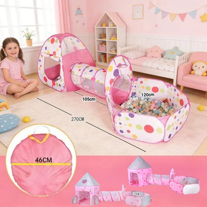 Pink Kids Tent with Tunnel & Ball Pit, Princess Play Tent for Girls, Indoor Outdoor Baby Ball Pit Playhouse with Basketball Hoop