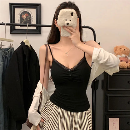 Pure Desire Sexy Lace Splice Strap Vest Women's Inner Wear Slimming Matching Top Trendy Tube Top Cotton Blend Elastic Fiber