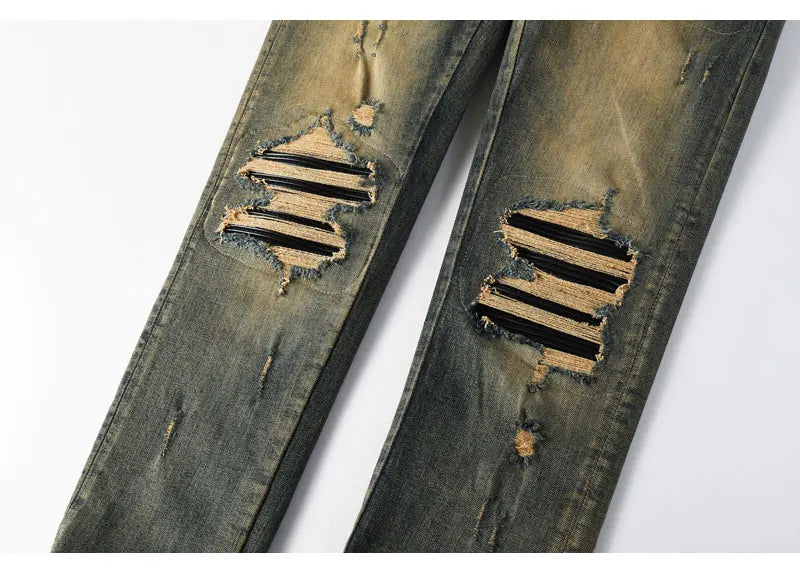Y2k New Men's Jeans Washed Nostalgic Perforated Black Leather Patch Deep Blue Jeans High Street Designer Hip-Hop Brand High-Qual