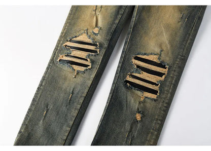 Y2k New Men's Jeans Washed Nostalgic Perforated Black Leather Patch Deep Blue Jeans High Street Designer Hip-Hop Brand High-Qual