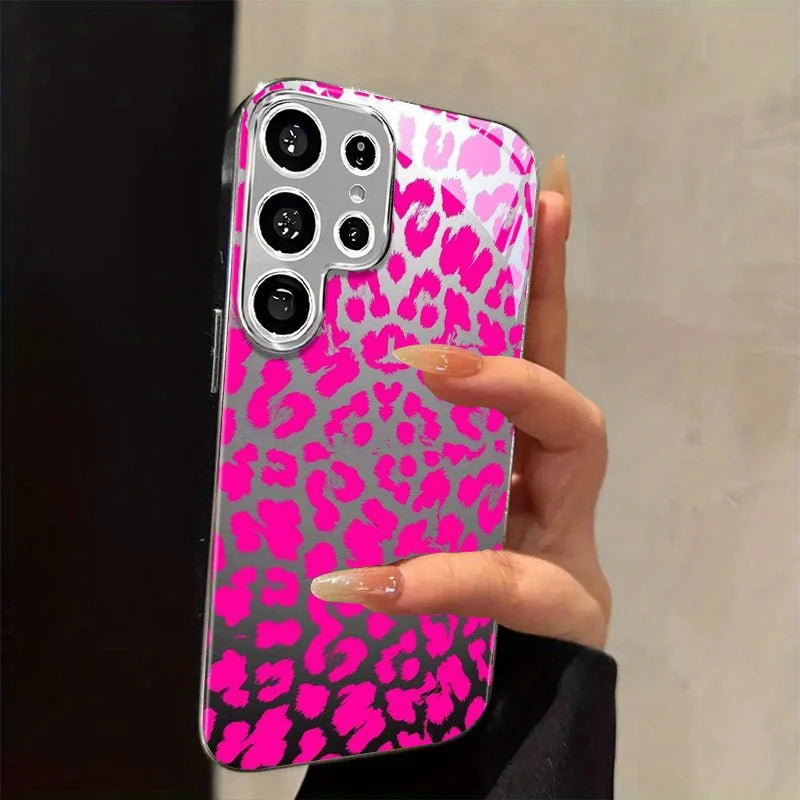 Gold-plated Tempered Glass Phone Case, Compatible Galaxy S26 S25 S24 S23 S22 Ultra Plus. Features a Pink Leopard Print Design.