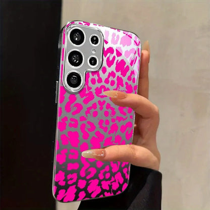 Gold-plated Tempered Glass Phone Case, Compatible Galaxy S26 S25 S24 S23 S22 Ultra Plus. Features a Pink Leopard Print Design.