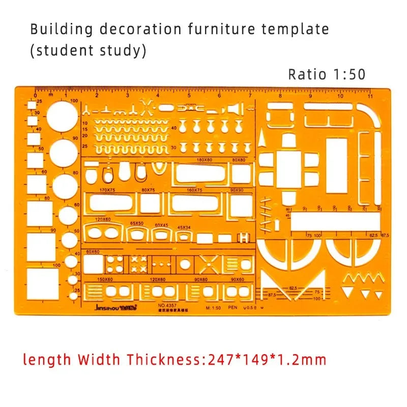 Geometric Drawing Template Set With Measuring Ruler - Yellow Transparent Plastic Tools+Bonus PE Zipper Bag - For Architecture