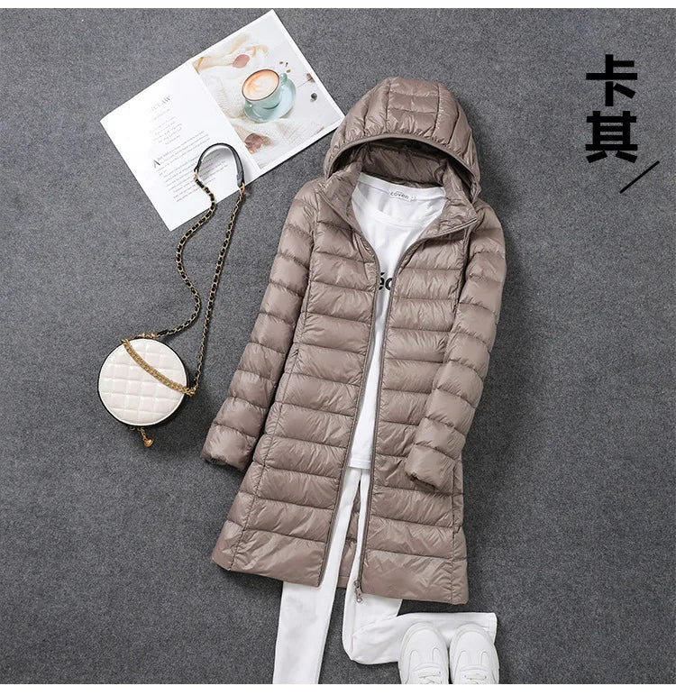 Women Ultra Light Long Down Jacket Coats Autumn Winter Loose Long Sleeve Zip Up Loose Korean Hooded Detachable Tops Outwear