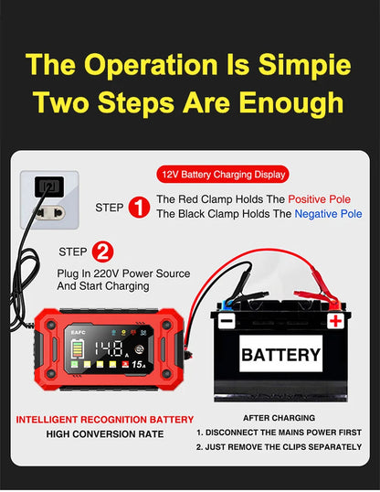 Newest 12V Car Battery Charger 15A/8A Pulse Repair Large Display Smart Charger for Car Motorcycle Lead Acid AGM GEL Batteries