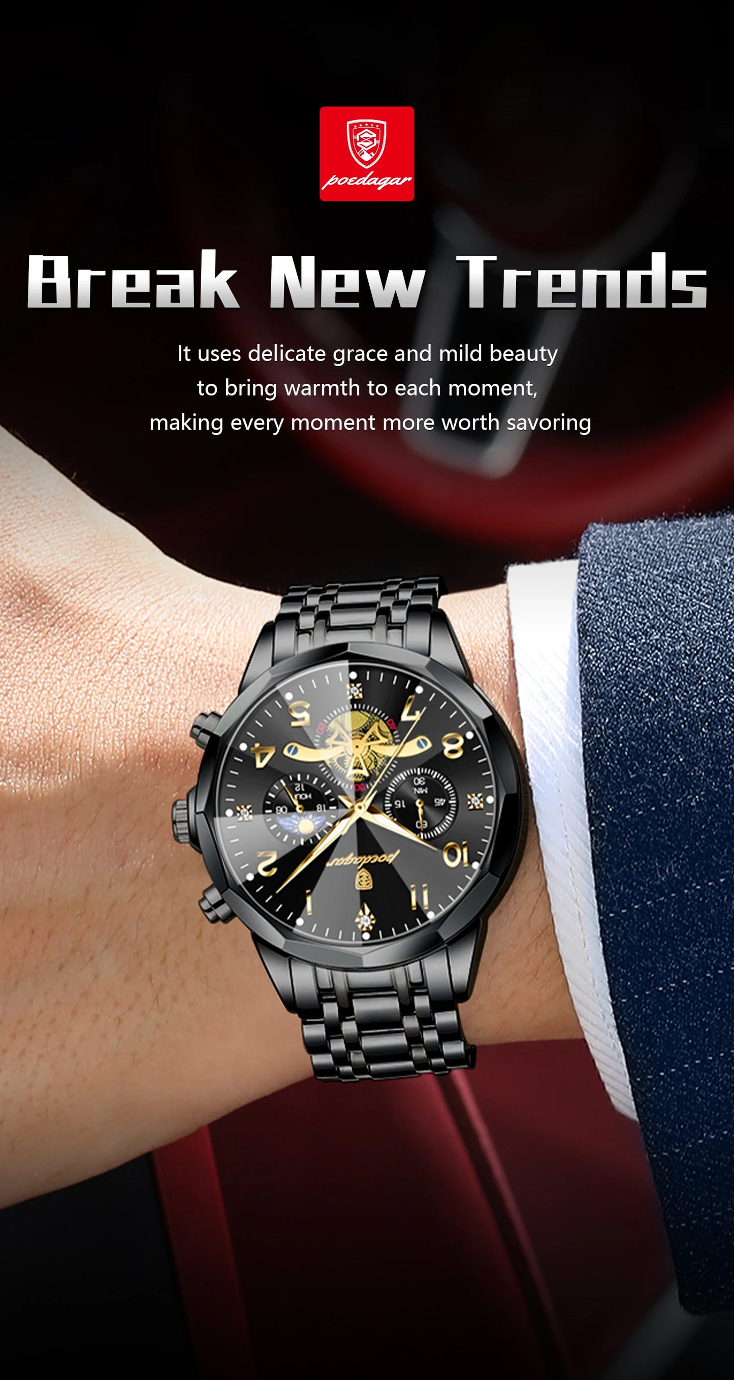 POEDAGAR Luxury High Quality Man Wristwatch Chronograph Stainless Steel Quartz Men's Watches Waterproof Luminous Men Clock Reloj