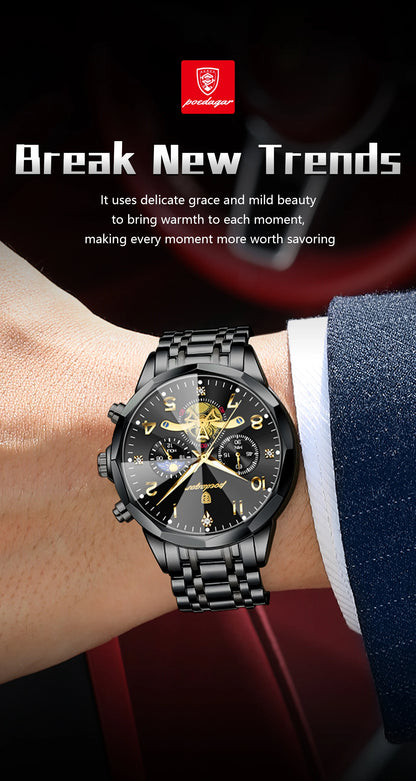 POEDAGAR Luxury High Quality Man Wristwatch Chronograph Stainless Steel Quartz Men's Watches Waterproof Luminous Men Clock Reloj
