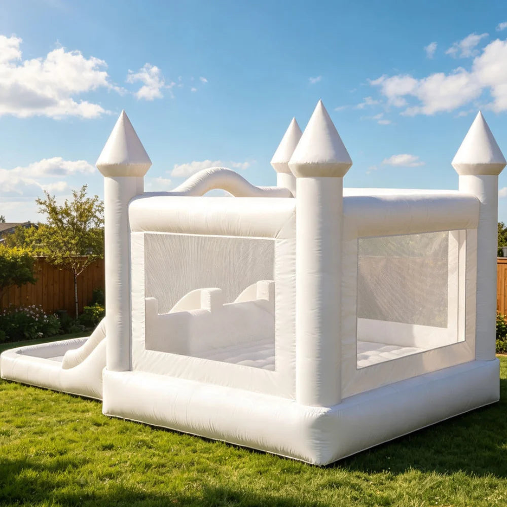 Inflatable Bounce House Bouncy Castle with Slide White Playhouse Commercial Outdoor Blow Up Jumping House Party Rental Birthday